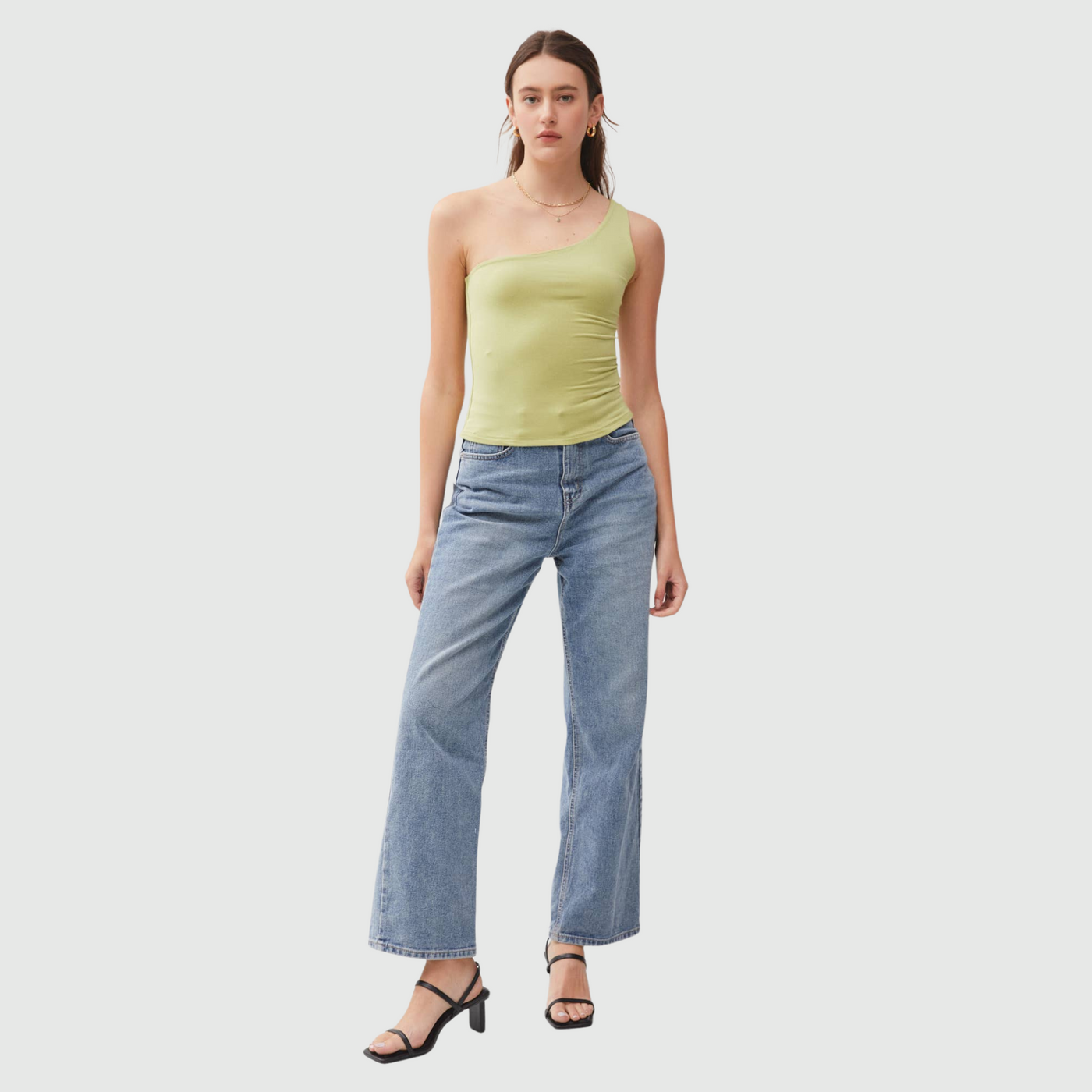 One Shoulder Basic Tank in Pea
