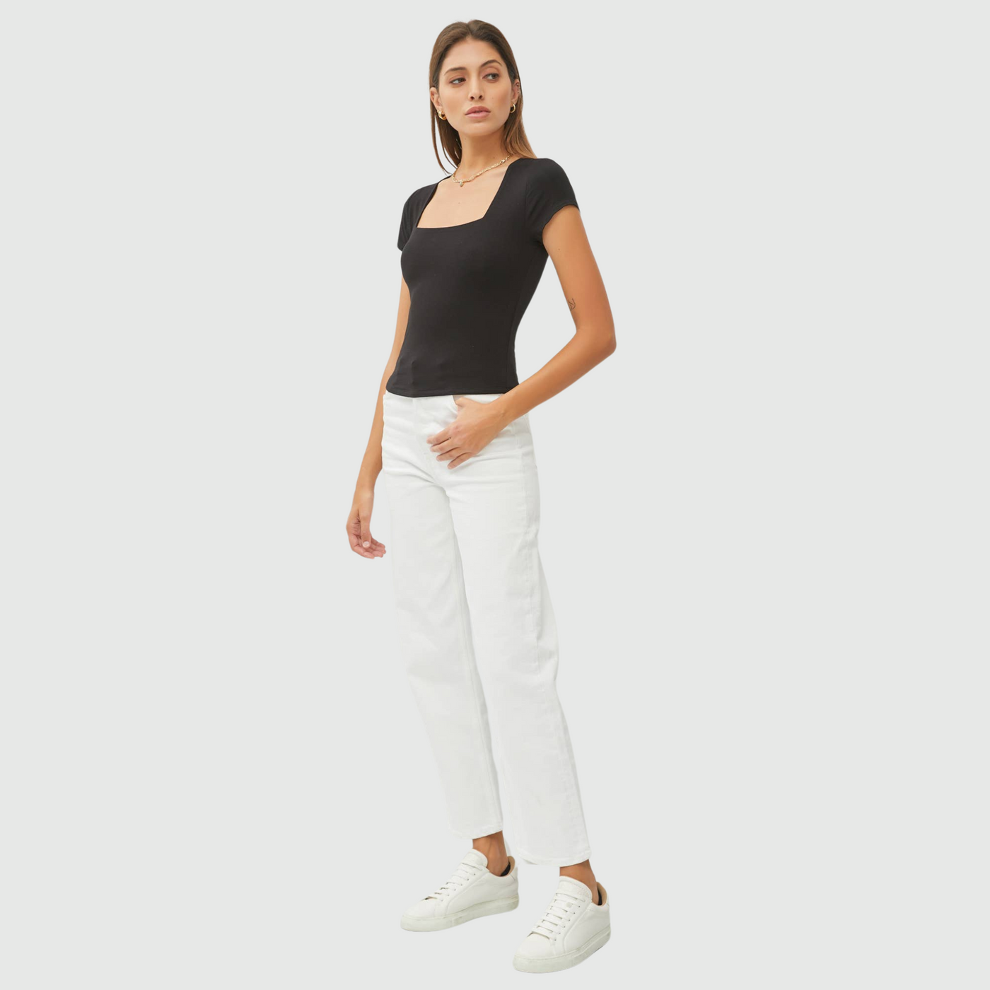 Square Neck Knit Tee in Black