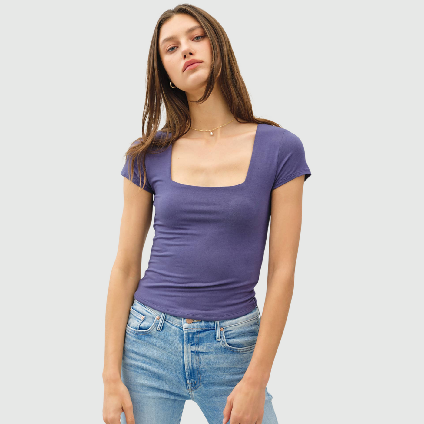 Square Neck Knit Tee in Slate Blue
