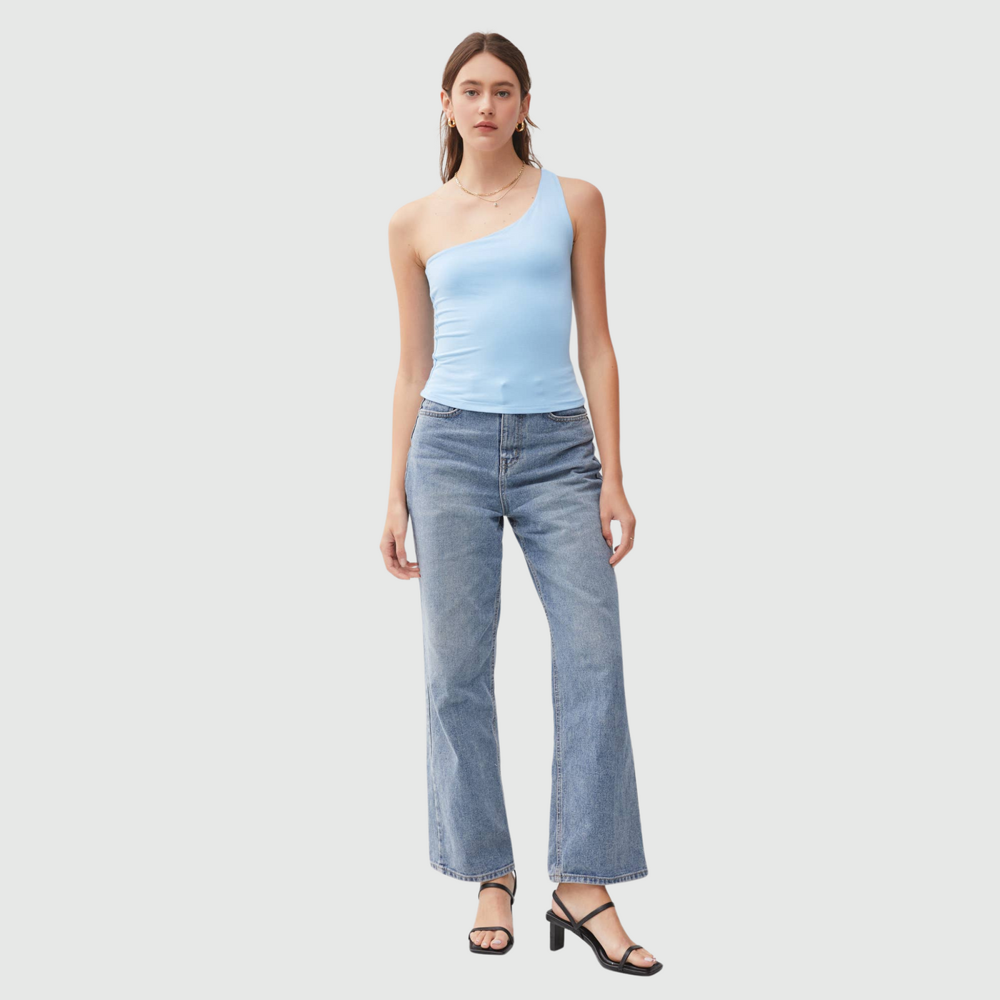 One Shoulder Basic Tank in Sky