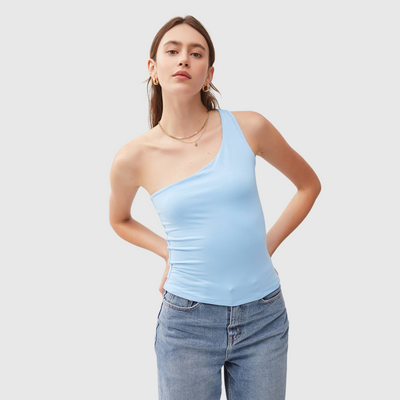One Shoulder Basic Tank in Sky