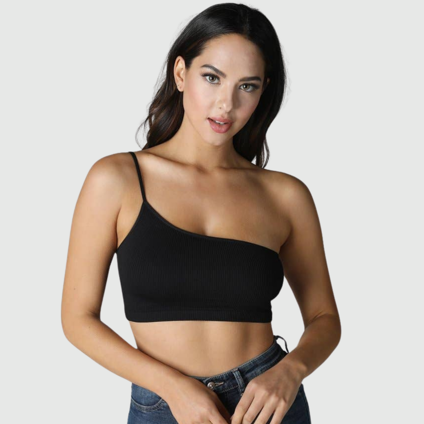 One Shoulder Ribbed Bralette in Black