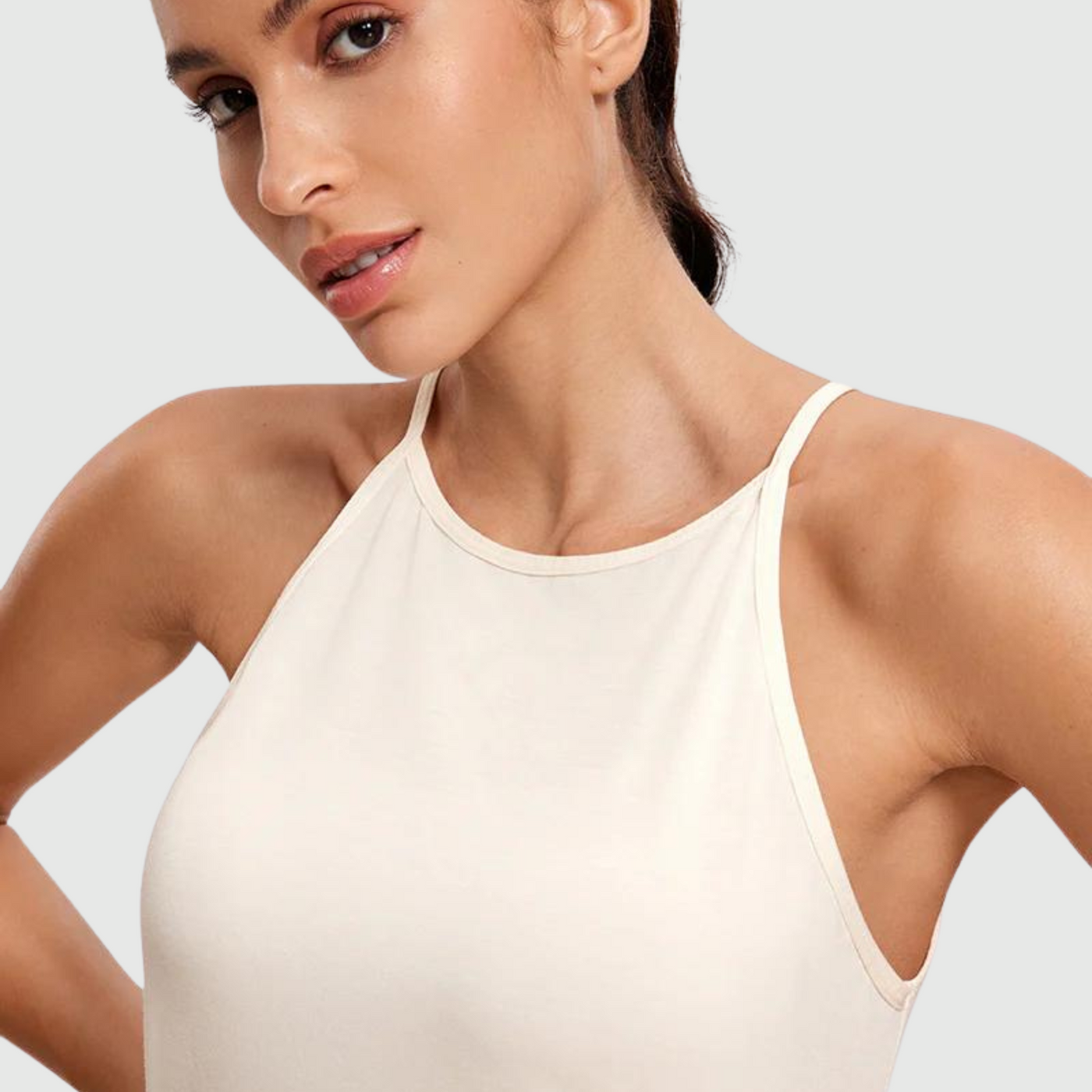 Halter Hip-Length High Neck Tank in White Apricot