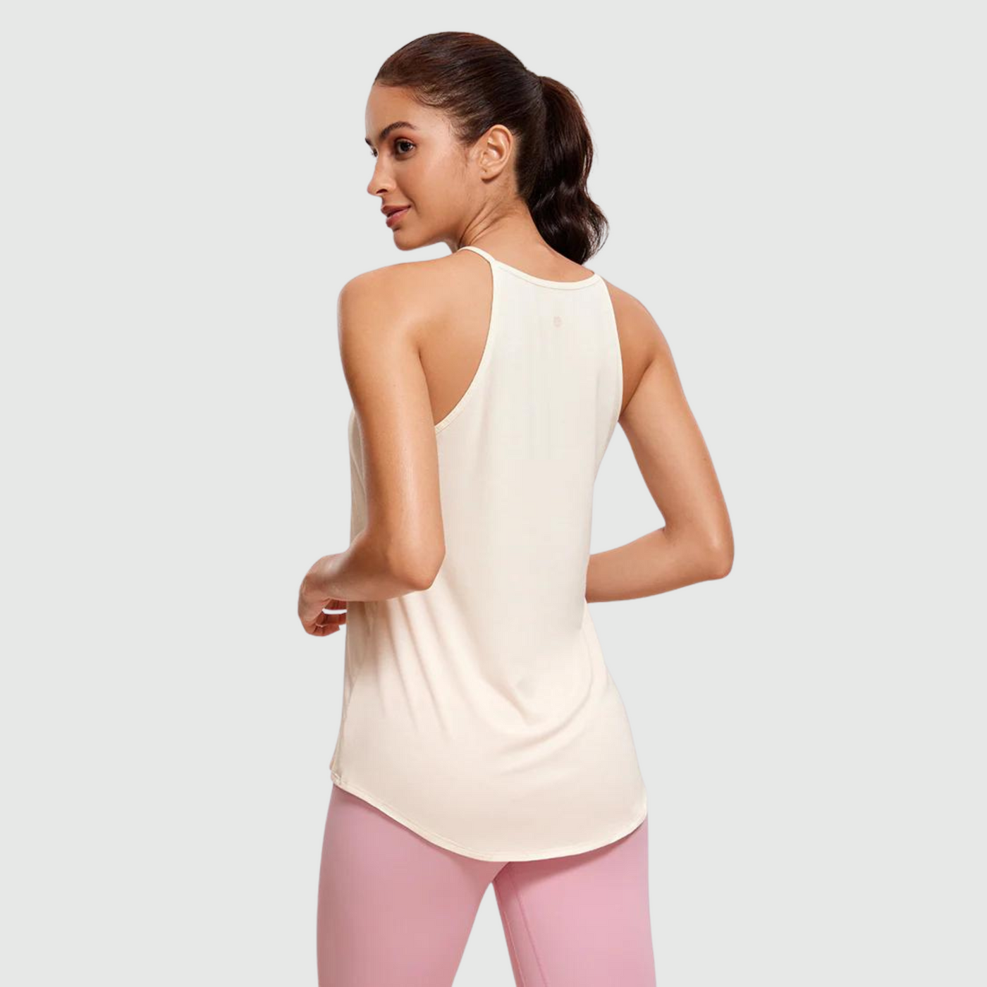 Halter Hip-Length High Neck Tank in White Apricot