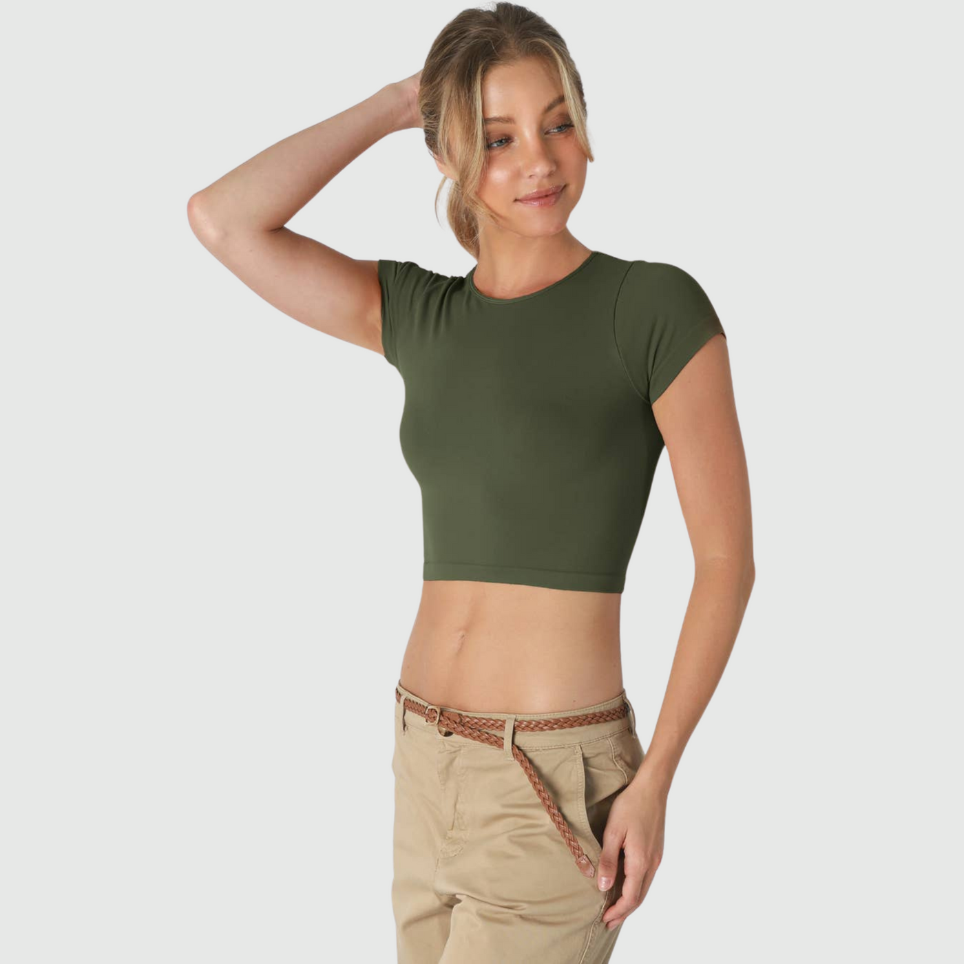 Crew Neck Crop Tee in Kombu Green