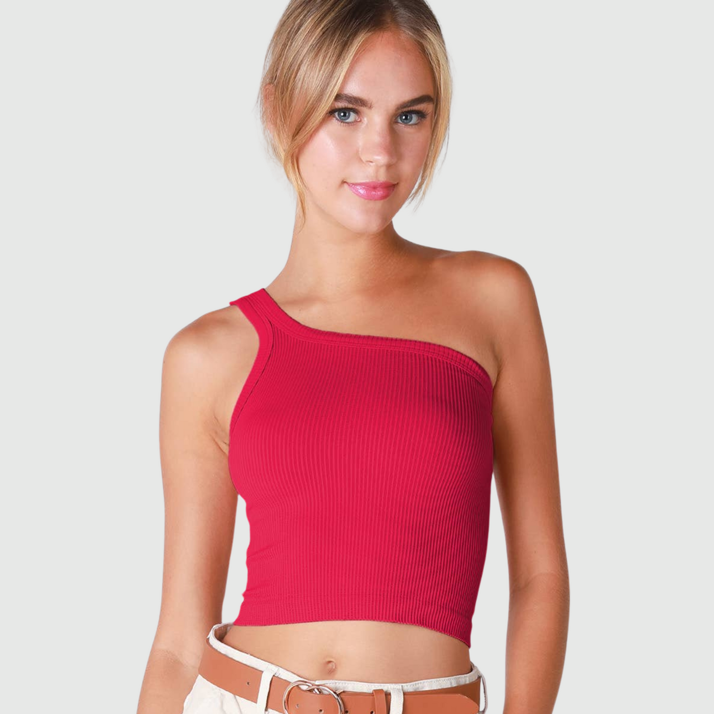 One Shoulder Crop Top in Viva Magenta