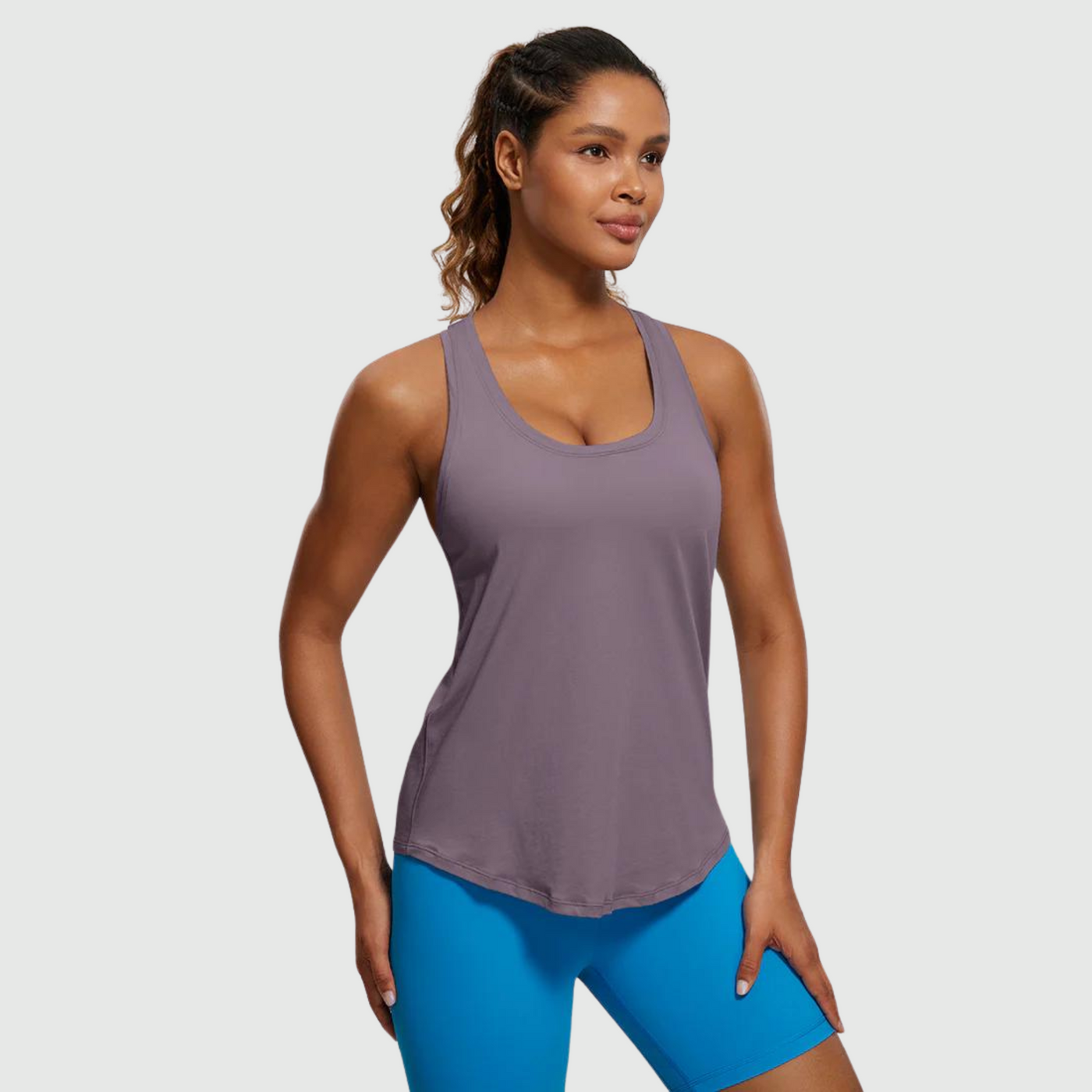 Hip-Length Racerback Tank in Purple Gray